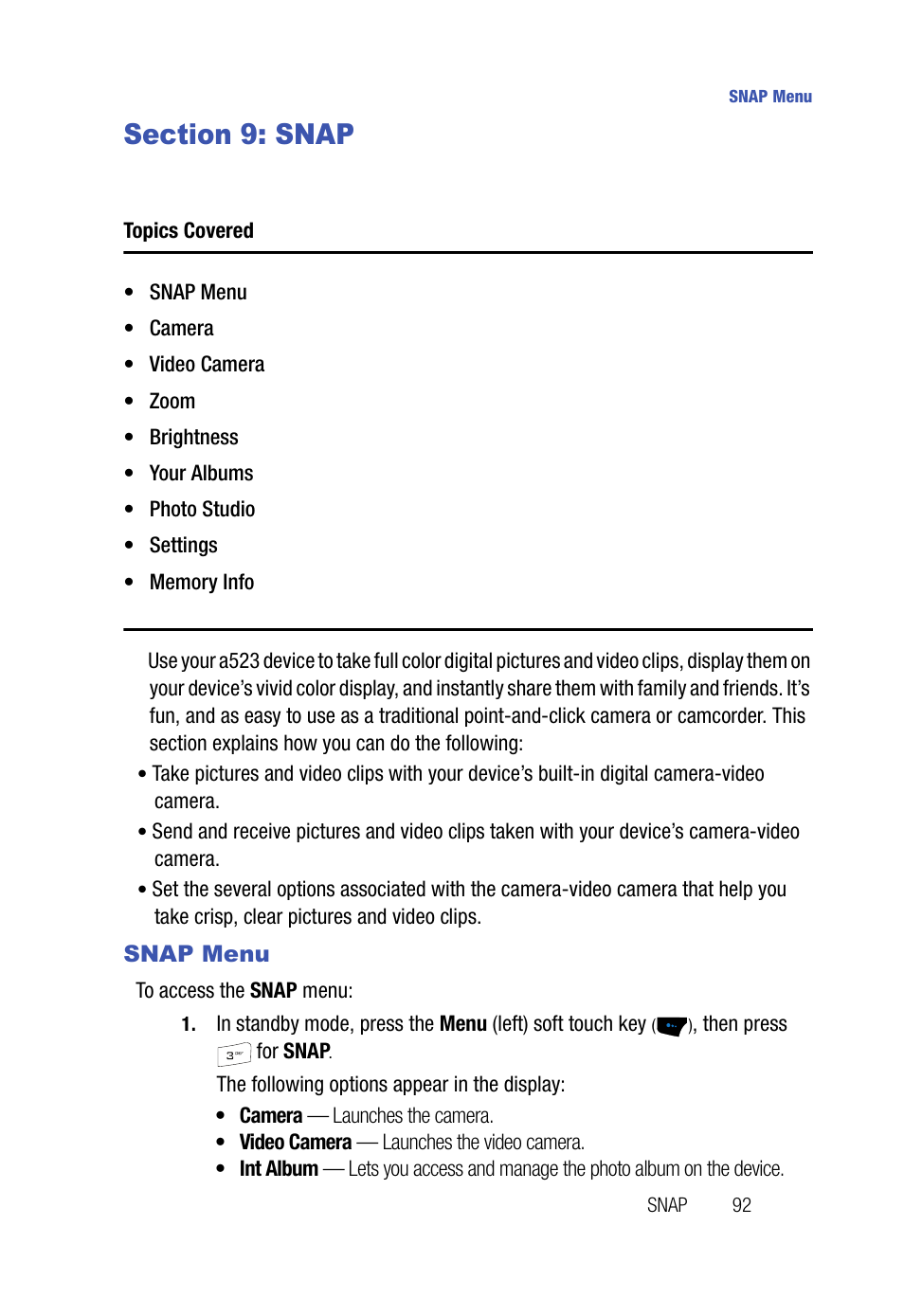 Section 9: snap, Snap menu | Samsung SPH-A523HBASKE User Manual | Page 95 / 187