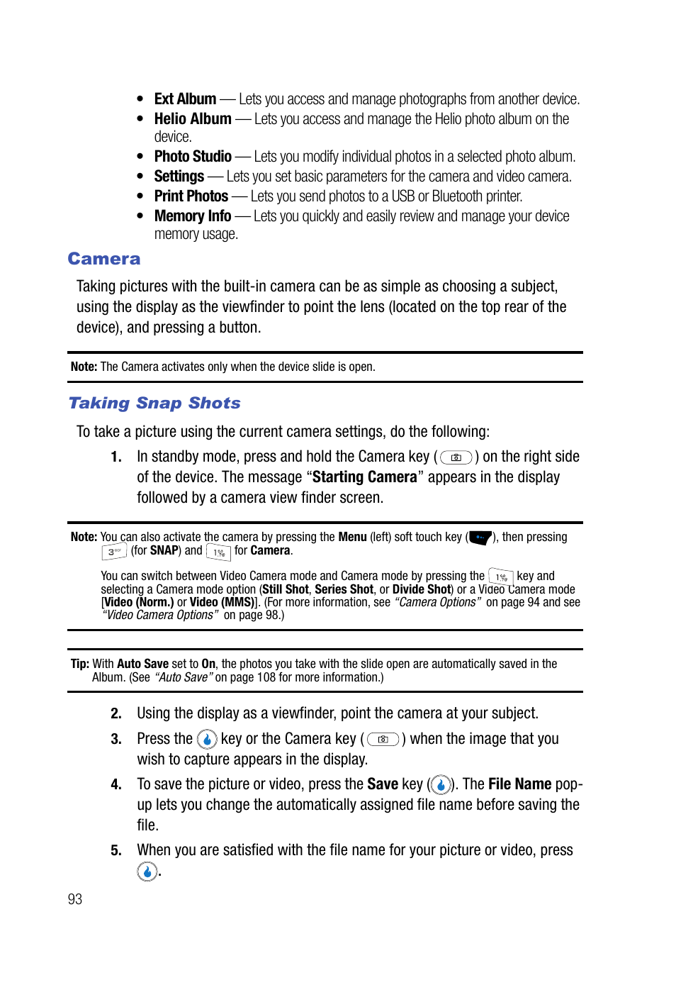 Camera, Taking snap shots | Samsung SPH-A523HBASKE User Manual | Page 96 / 187