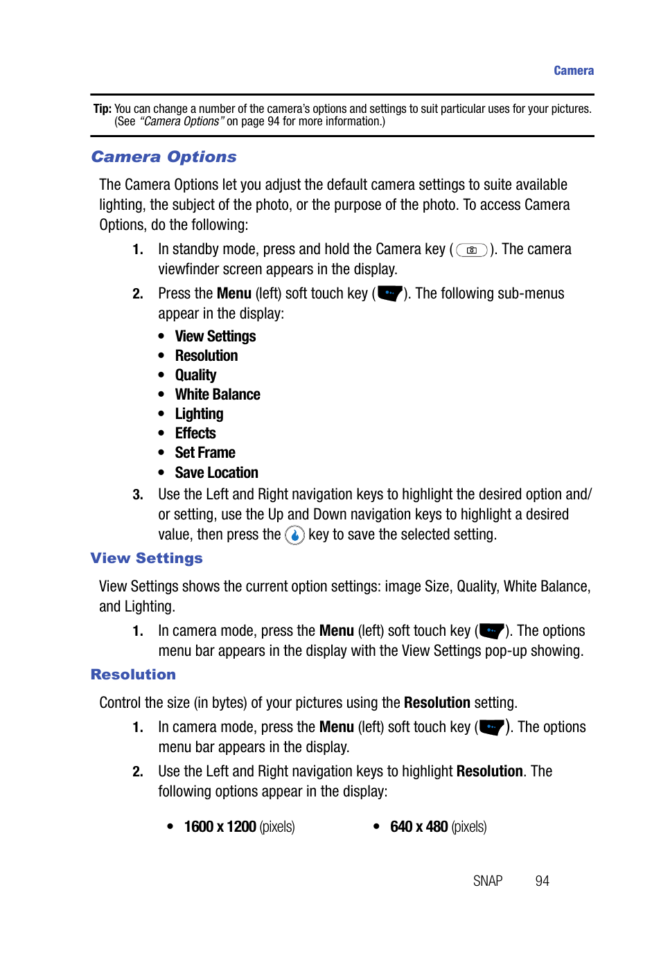 Camera options, View settings, Resolution | Samsung SPH-A523HBASKE User Manual | Page 97 / 187