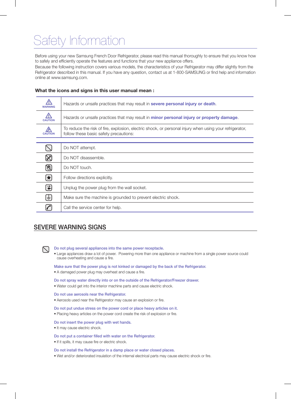 Safety information, Severe warning signs | Samsung RFG295AAWP-XAA User Manual | Page 2 / 7