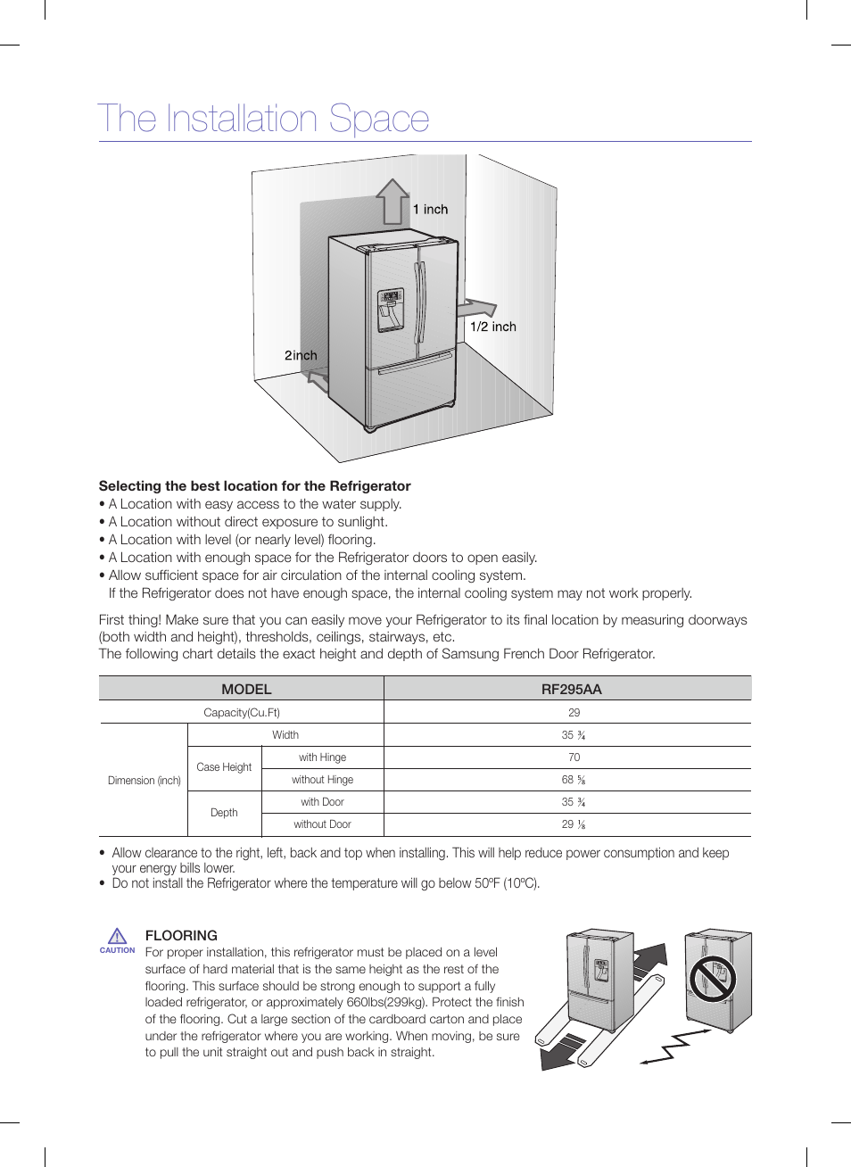 The installation space | Samsung RFG295AAWP-XAA User Manual | Page 5 / 7