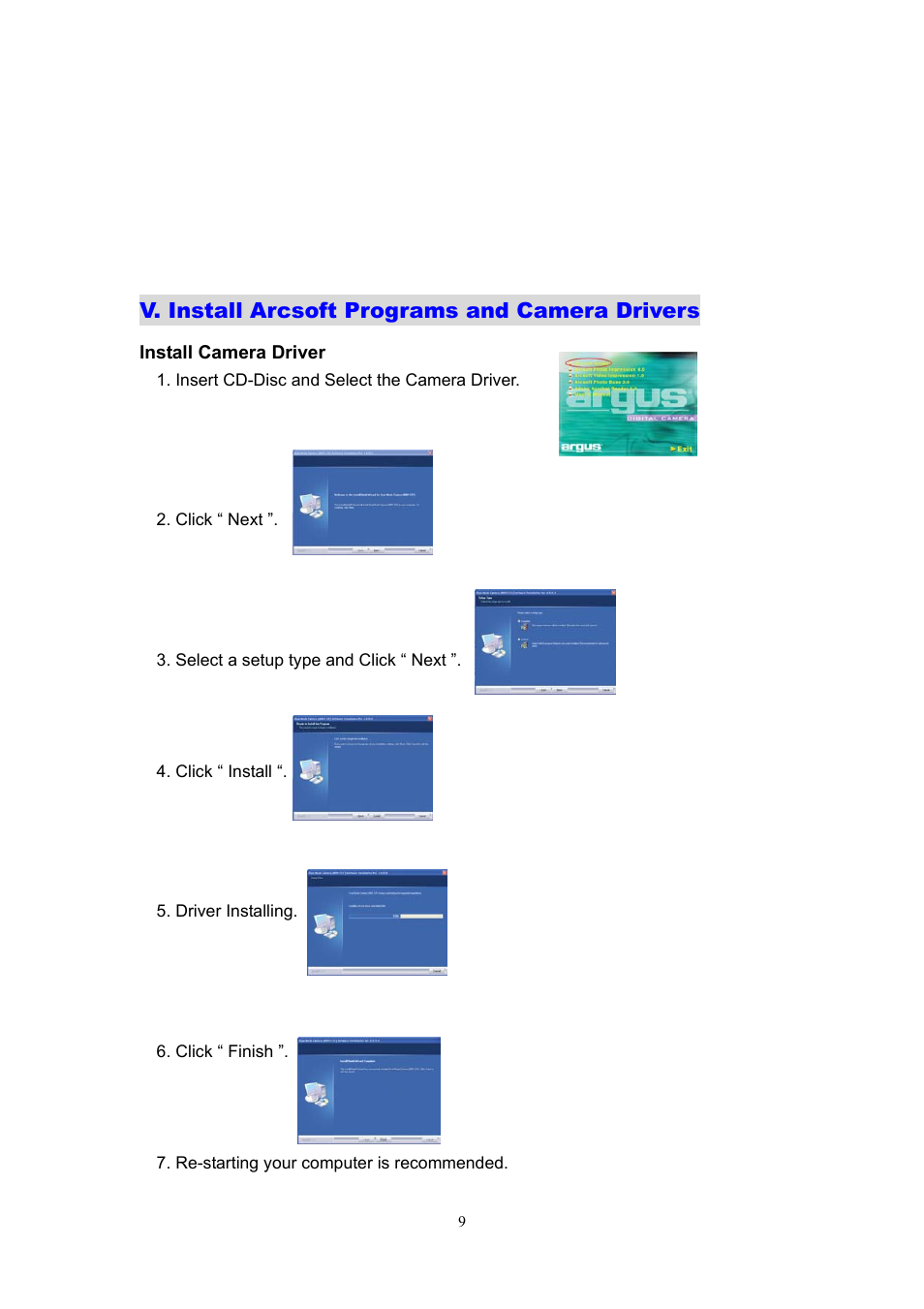 V. install arcsoft programs and camera drivers | Argus Camera DC1540 User Manual | Page 10 / 17