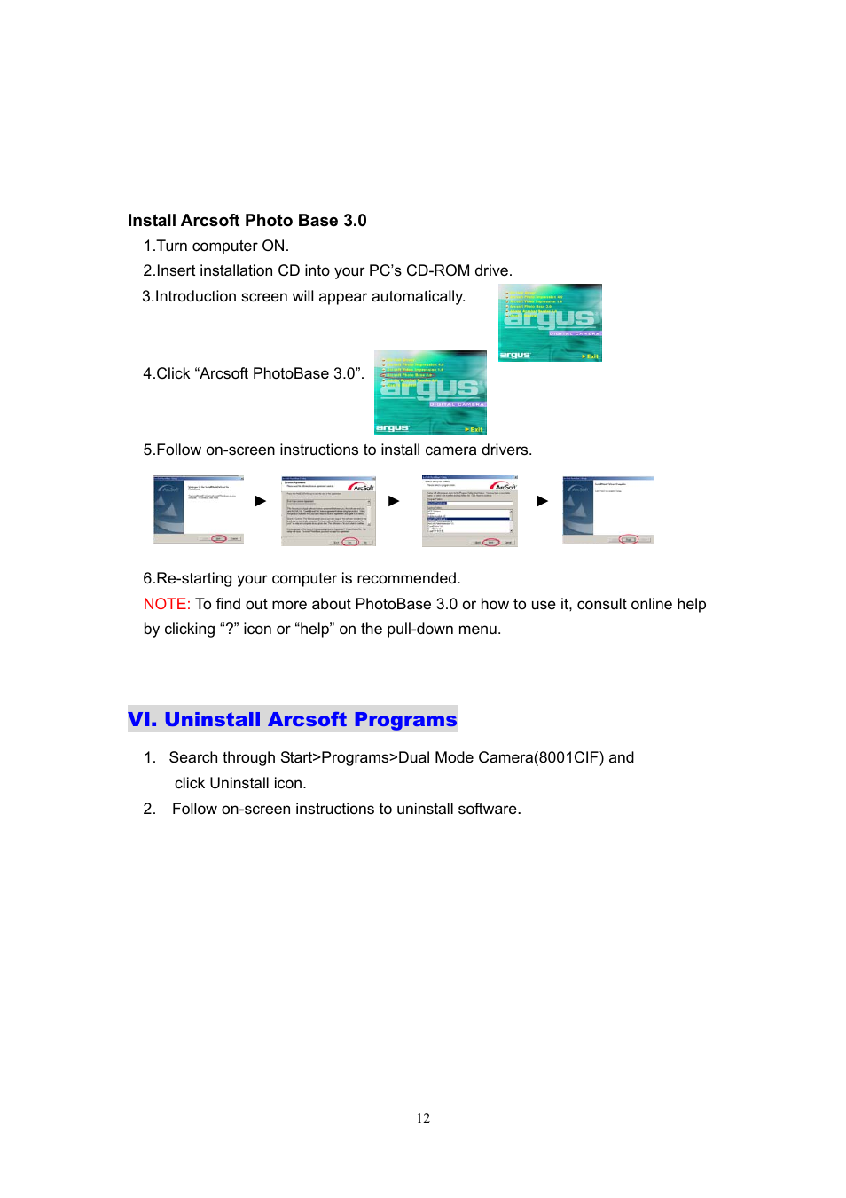 Vi. uninstall arcsoft programs | Argus Camera DC1540 User Manual | Page 13 / 17