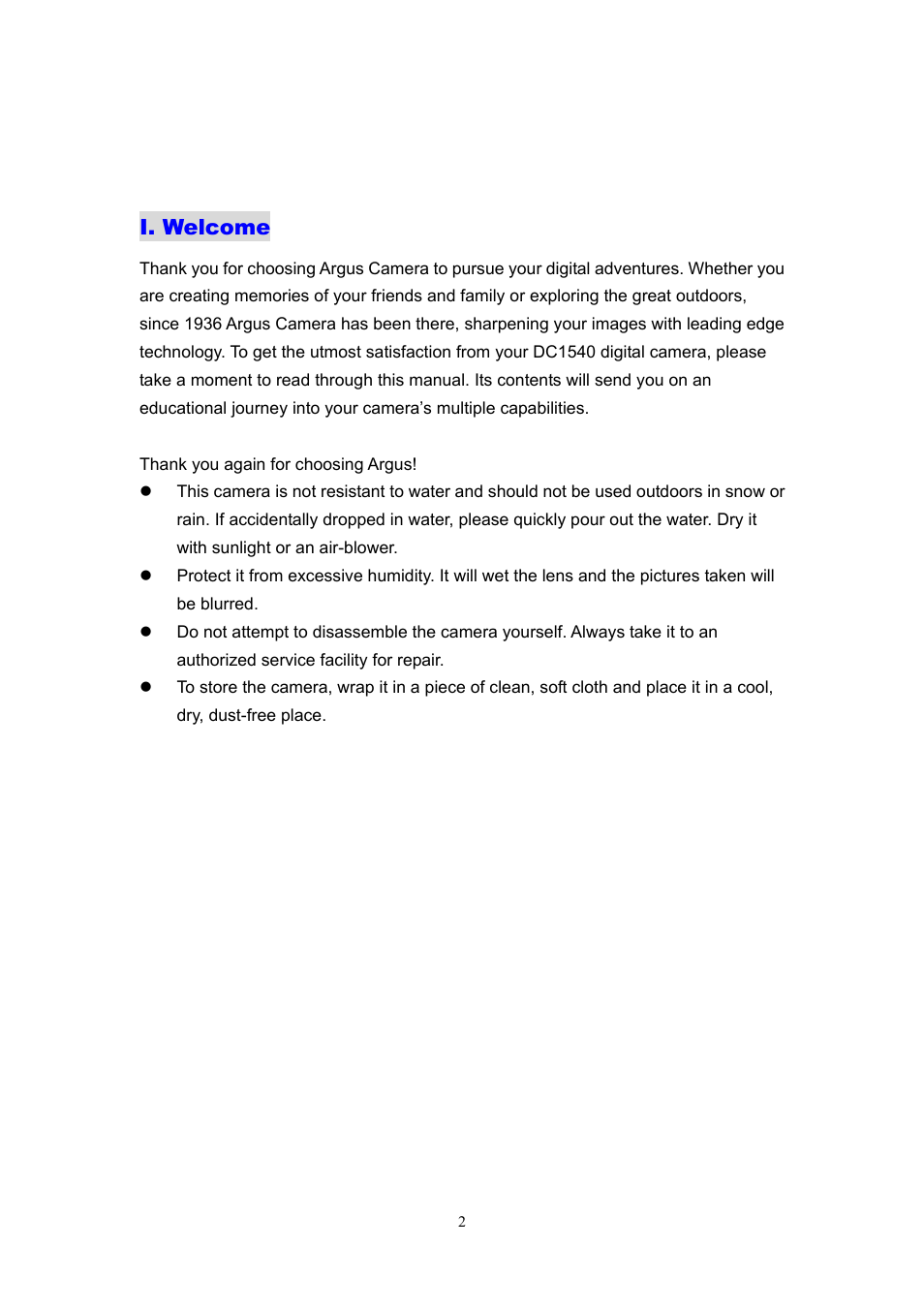 I. welcome | Argus Camera DC1540 User Manual | Page 3 / 17