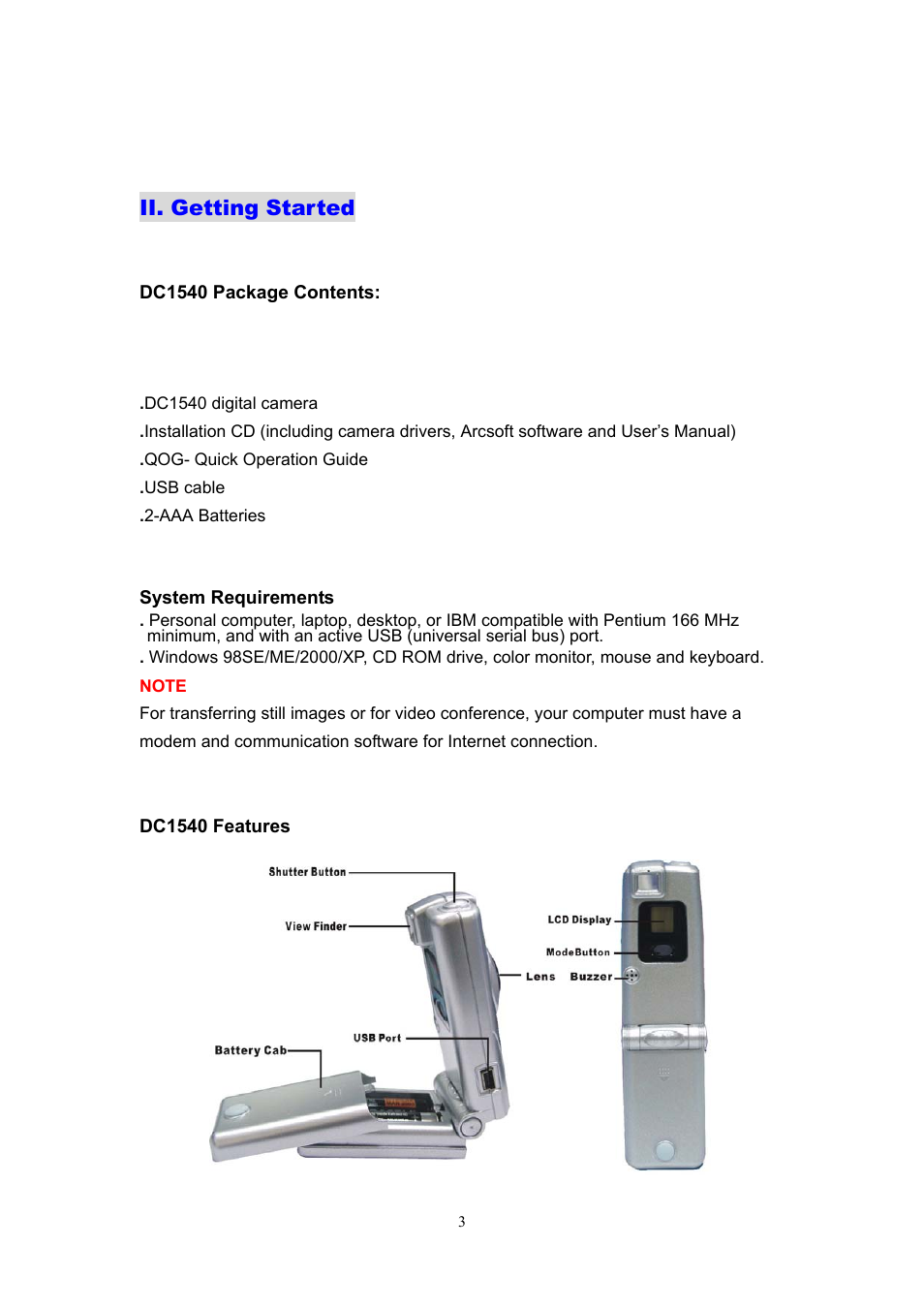 Ii. getting started | Argus Camera DC1540 User Manual | Page 4 / 17