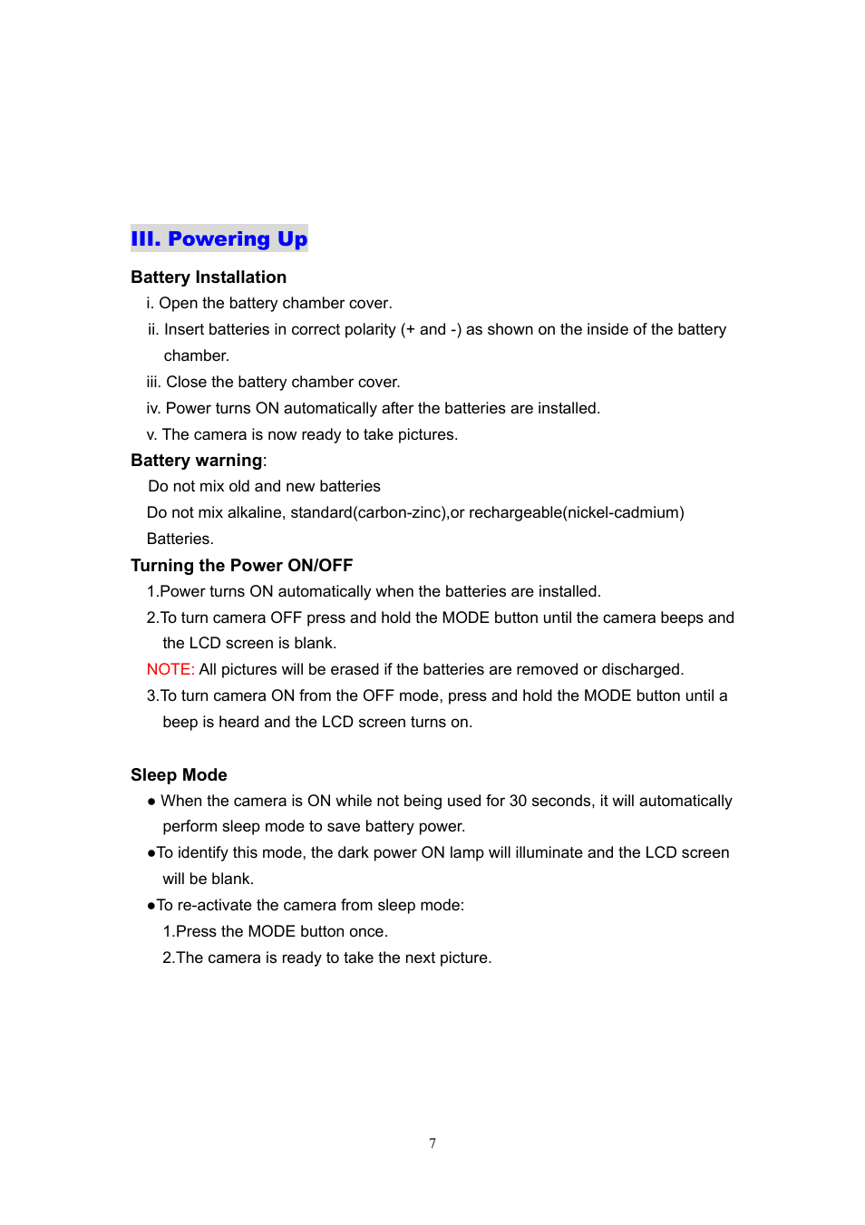 Iii. powering up | Argus Camera DC1540 User Manual | Page 8 / 17