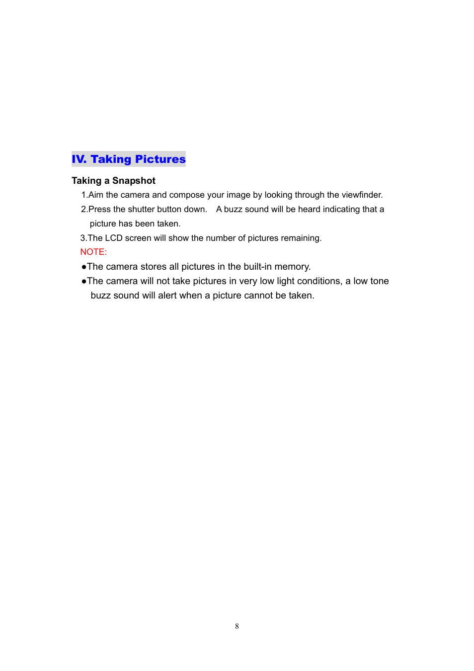 Iv. taking pictures | Argus Camera DC1540 User Manual | Page 9 / 17