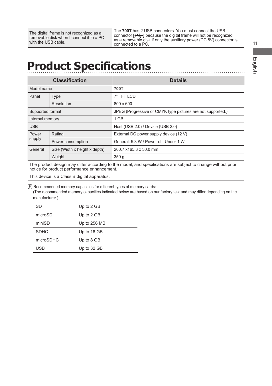 Product specifications | Samsung LP07TSLSBT-ZA User Manual | Page 12 / 13