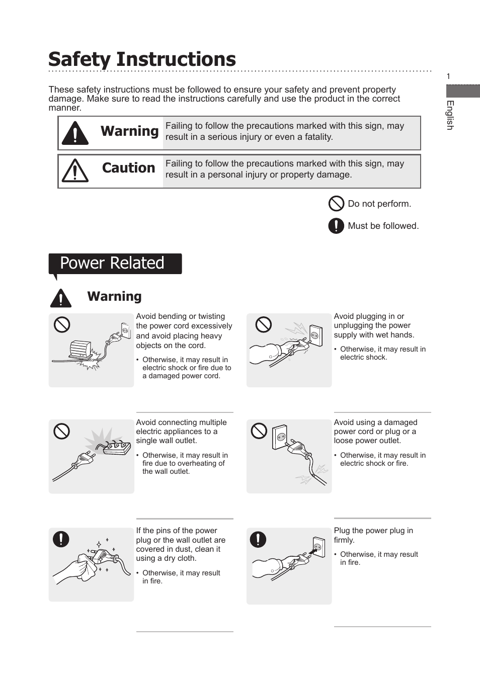 Safety instructions, 경고 주의 경고 주의, Power related | Warning, Caution | Samsung LP07TSLSBT-ZA User Manual | Page 2 / 13