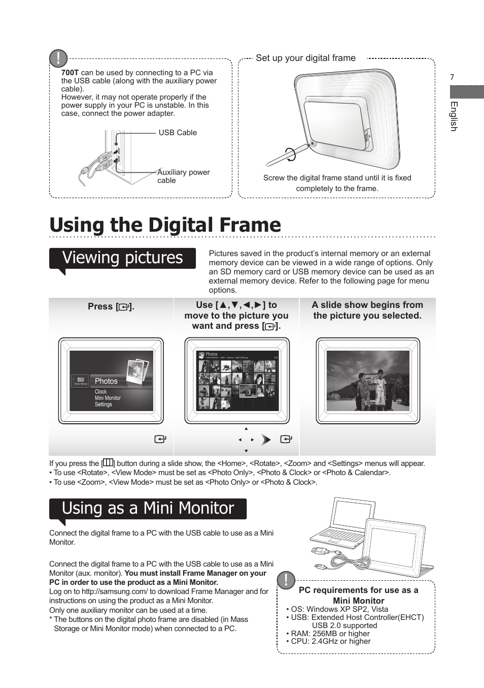 Using the digital frame, Using as a mini monitor, Viewing pictures | Samsung LP07TSLSBT-ZA User Manual | Page 8 / 13