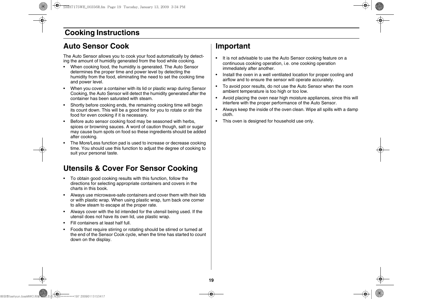 Cooking instructions auto sensor cook, Utensils & cover for sensor cooking, Important | Samsung SMH7176STE-XAA User Manual | Page 19 / 32