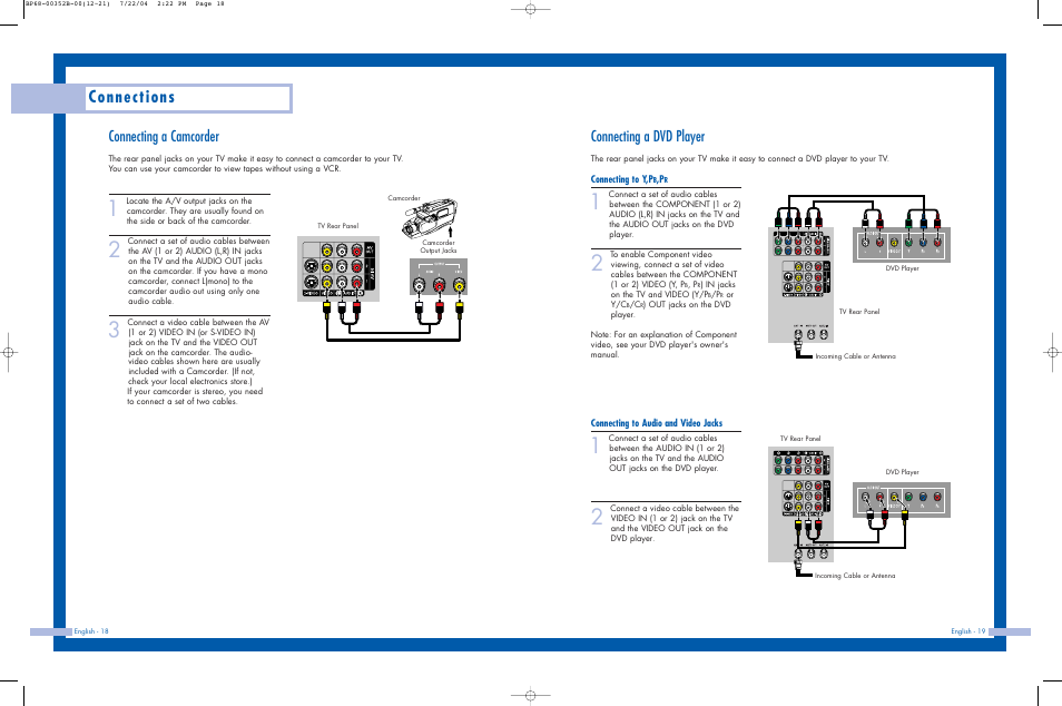 Connecting a camcorder, Connecting a dvd player, Connections | Samsung HLP5685WX-XAC User Manual | Page 10 / 48