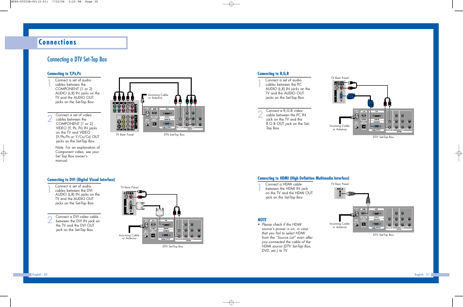 Connecting a dtv set-top box, Connections | Samsung HLP5685WX-XAC User Manual | Page 11 / 48