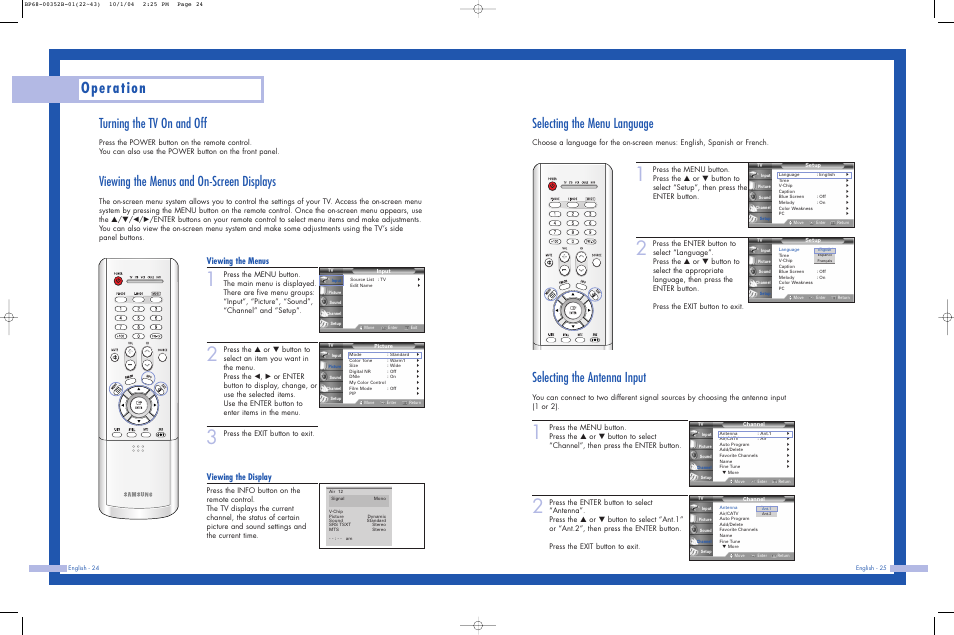 Turning the tv on and off, Viewing the menus and on-screen displays, Selecting the menu language | Selecting the antenna input, Operation, Viewing the menus, Viewing the display, Press the exit button to exit | Samsung HLP5685WX-XAC User Manual | Page 13 / 48