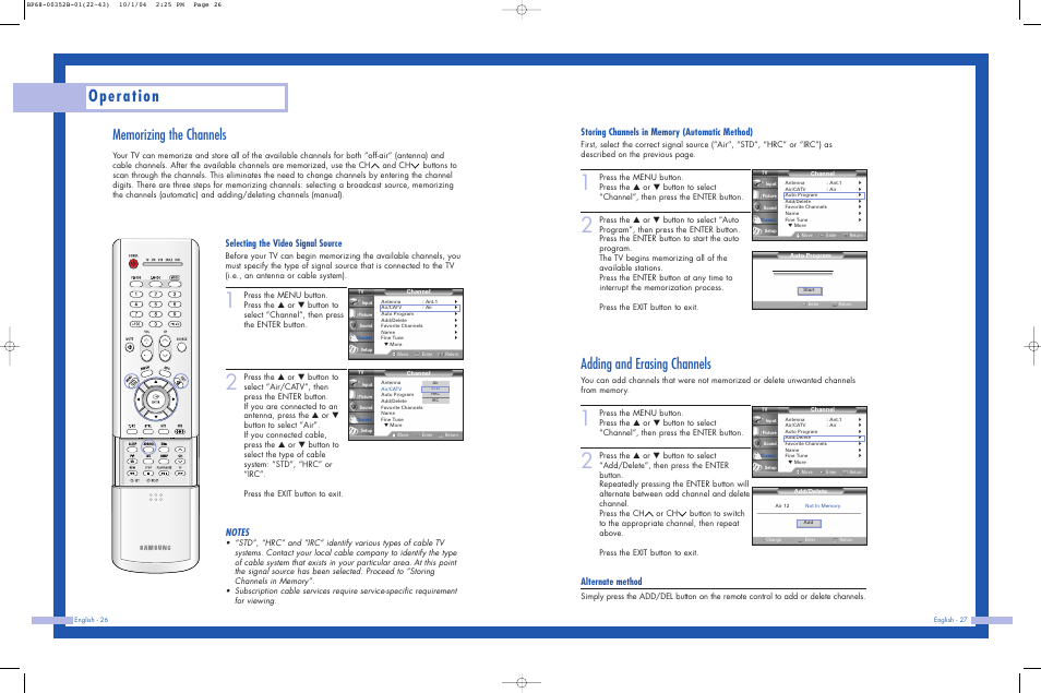 Memorizing the channels, Adding and erasing channels, Operation | Alternate method, Selecting the video signal source | Samsung HLP5685WX-XAC User Manual | Page 14 / 48