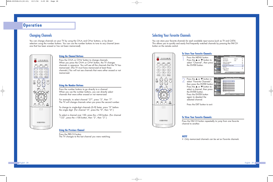 Selecting your favorite channels, Changing channels, Operation | Using the channel buttons, Using the number buttons, Using the previous channel | Samsung HLP5685WX-XAC User Manual | Page 15 / 48