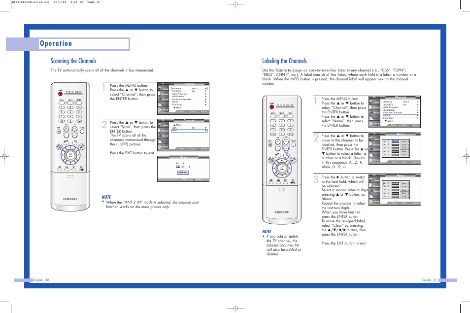 Scanning the channels, Labeling the channels, Operation | Samsung HLP5685WX-XAC User Manual | Page 16 / 48
