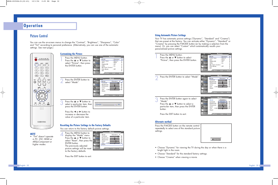 Picture control, Operation, Using automatic picture settings | Alternate method, Customizing the picture, Press the enter button to select “mode | Samsung HLP5685WX-XAC User Manual | Page 17 / 48