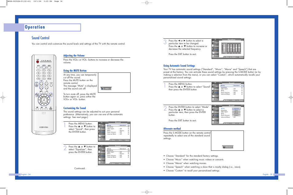Sound control, Operation, Using automatic sound settings | Alternate method, Adjusting the volume, Using the mute button, Customizing the sound | Samsung HLP5685WX-XAC User Manual | Page 18 / 48
