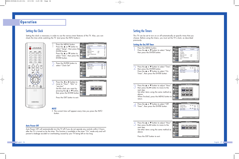 Setting the clock, Setting the timers, Operation | Setting the on/off timer, Auto power off, Press the enter button to select “clock set | Samsung HLP5685WX-XAC User Manual | Page 19 / 48