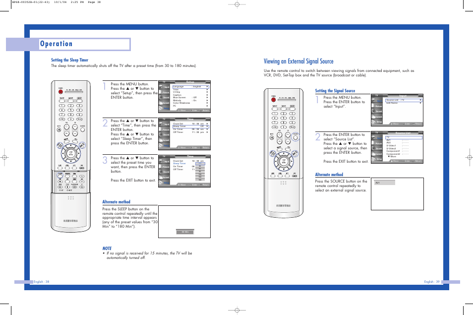 Viewing an external signal source, Operation, Setting the sleep timer | Alternate method, Setting the signal source | Samsung HLP5685WX-XAC User Manual | Page 20 / 48