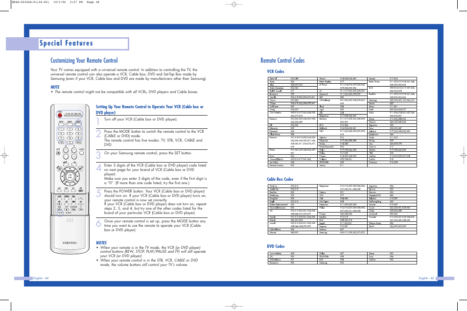 Customizing your remote control, Remote control codes, Special features | Samsung HLP5685WX-XAC User Manual | Page 23 / 48
