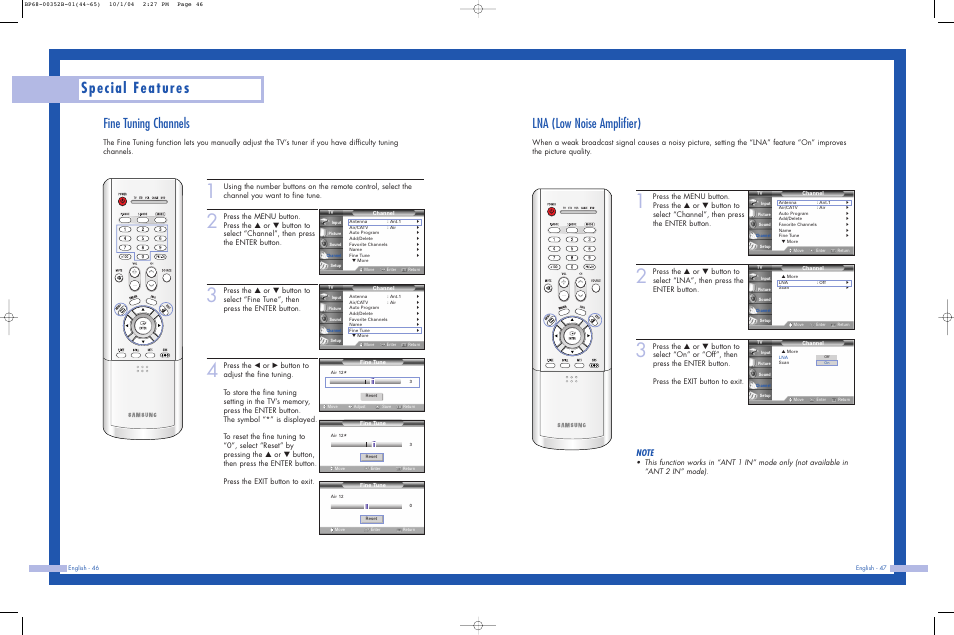 Fine tuning channels, Lna (low noise amplifier), Special features | Samsung HLP5685WX-XAC User Manual | Page 24 / 48