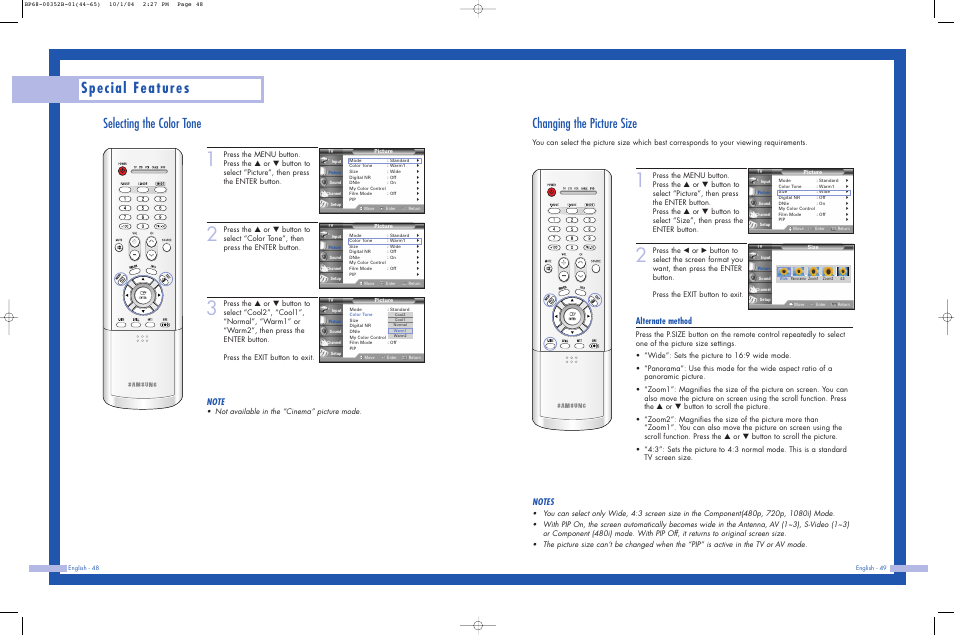 Selecting the color tone, Changing the picture size, Special features | Alternate method, Not available in the “cinema” picture mode | Samsung HLP5685WX-XAC User Manual | Page 25 / 48