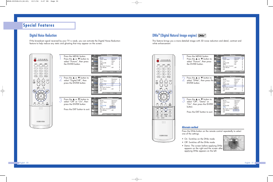 Digital noise reduction, Dnietm (digital natural image engine), Special features | Dnie, Digital natural image engine), Alternate method | Samsung HLP5685WX-XAC User Manual | Page 26 / 48
