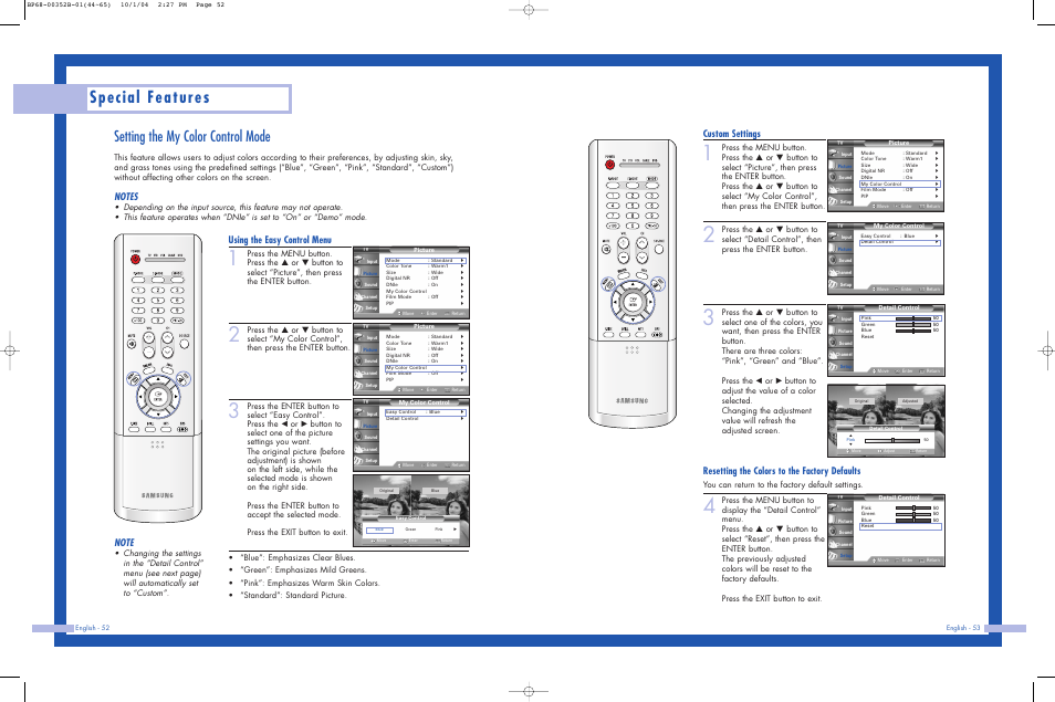 Setting the my color control mode, Special features, Using the easy control menu | Custom settings, Resetting the colors to the factory defaults, You can return to the factory default settings | Samsung HLP5685WX-XAC User Manual | Page 27 / 48