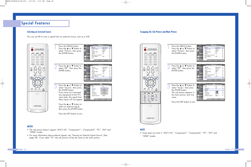 Special features, Swapping the sub picture and main picture, Selecting an external source | Samsung HLP5685WX-XAC User Manual | Page 29 / 48