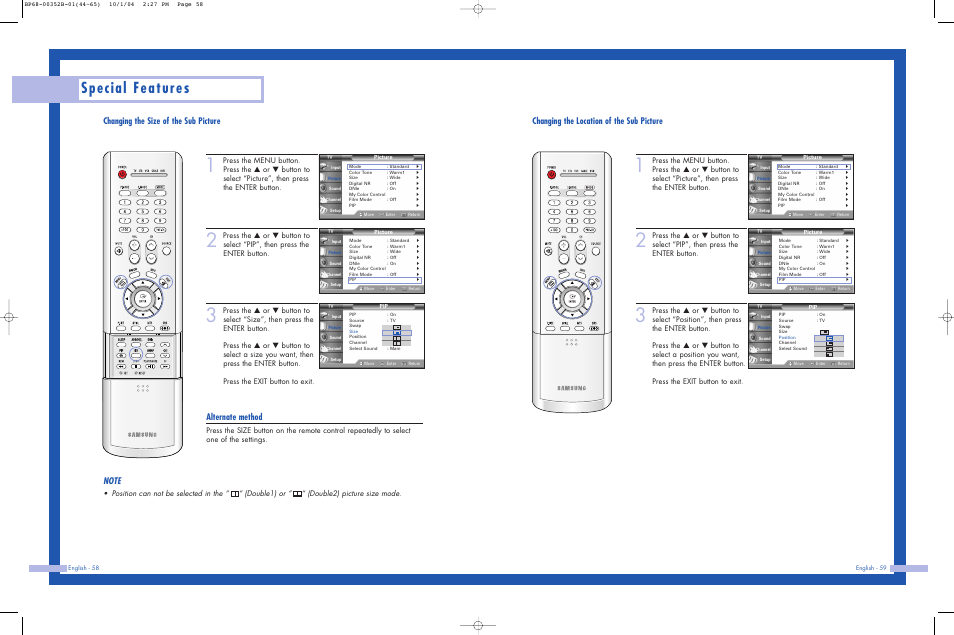 Special features, Changing the location of the sub picture, Changing the size of the sub picture | Alternate method | Samsung HLP5685WX-XAC User Manual | Page 30 / 48