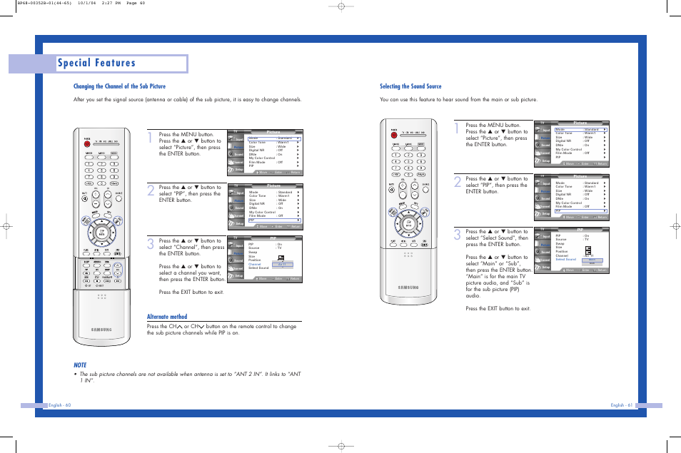 Special features, Changing the channel of the sub picture, Alternate method | Selecting the sound source | Samsung HLP5685WX-XAC User Manual | Page 31 / 48