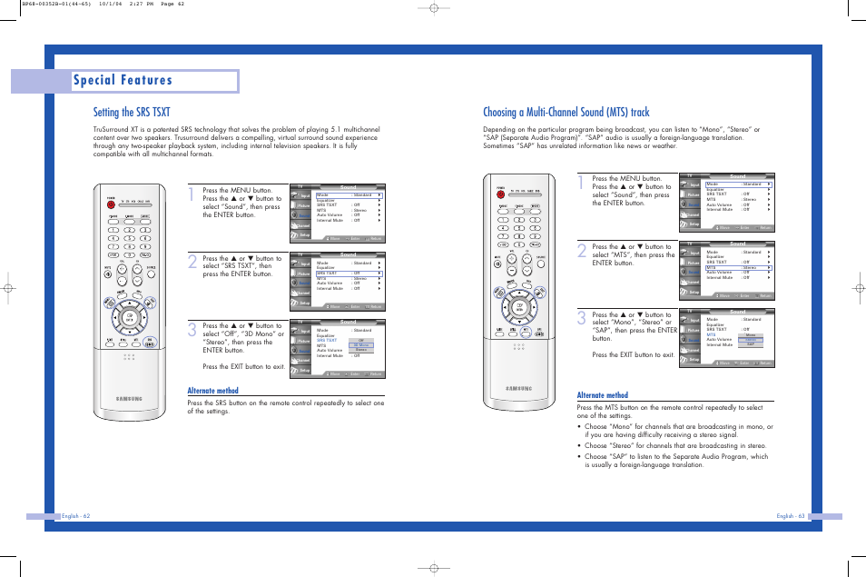 Setting the srs tsxt, Choosing a multi-channel sound (mts) track, Special features | Alternate method | Samsung HLP5685WX-XAC User Manual | Page 32 / 48