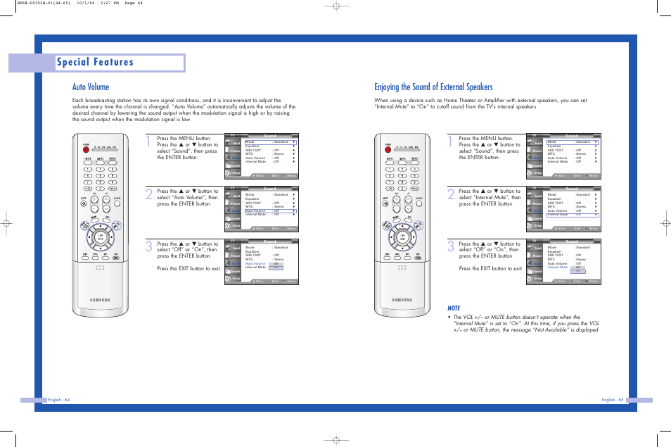 Auto volume, Enjoying the sound of external speakers, Special features | Samsung HLP5685WX-XAC User Manual | Page 33 / 48