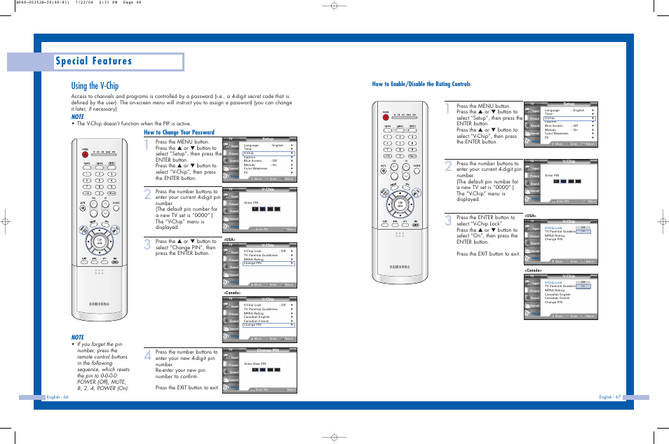 Using the v-chip, Special features, How to change your password | How to enable/disable the rating controls, The v-chip doesn’t function when the pip is active | Samsung HLP5685WX-XAC User Manual | Page 34 / 48