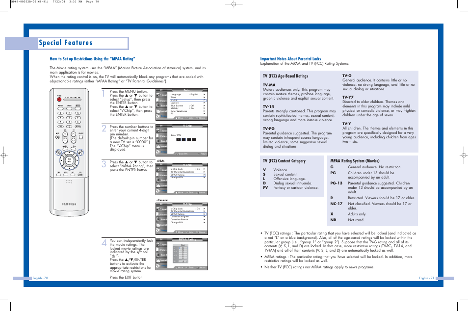 Special features, How to set up restrictions using the “mpaa rating, Tv (fcc) age-based ratings | Tv (fcc) content category, Mpaa rating system (movies) | Samsung HLP5685WX-XAC User Manual | Page 36 / 48