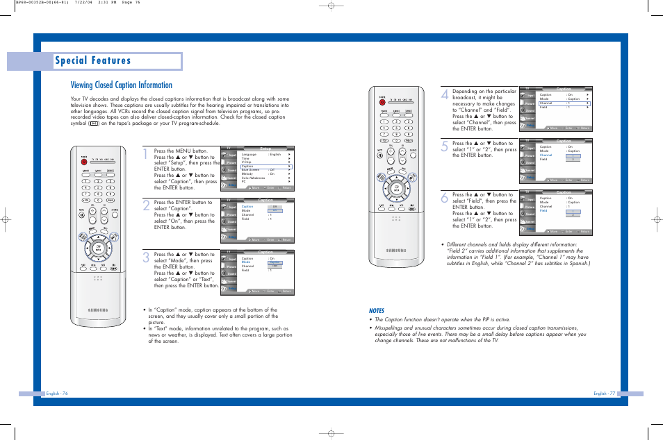 Viewing closed caption information, Special features | Samsung HLP5685WX-XAC User Manual | Page 39 / 48