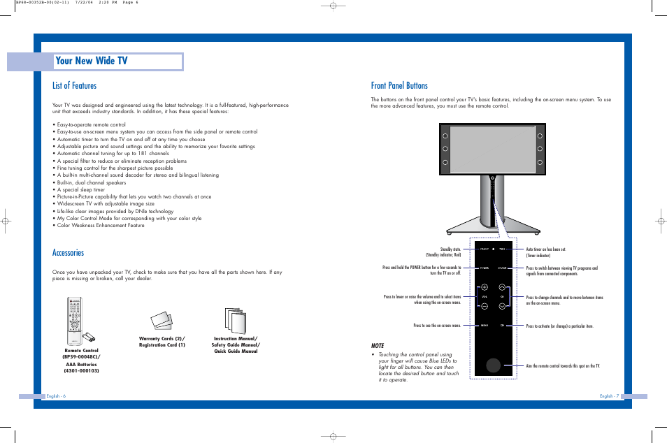 List of features, Accessories, Front panel buttons | Your new wide tv | Samsung HLP5685WX-XAC User Manual | Page 4 / 48