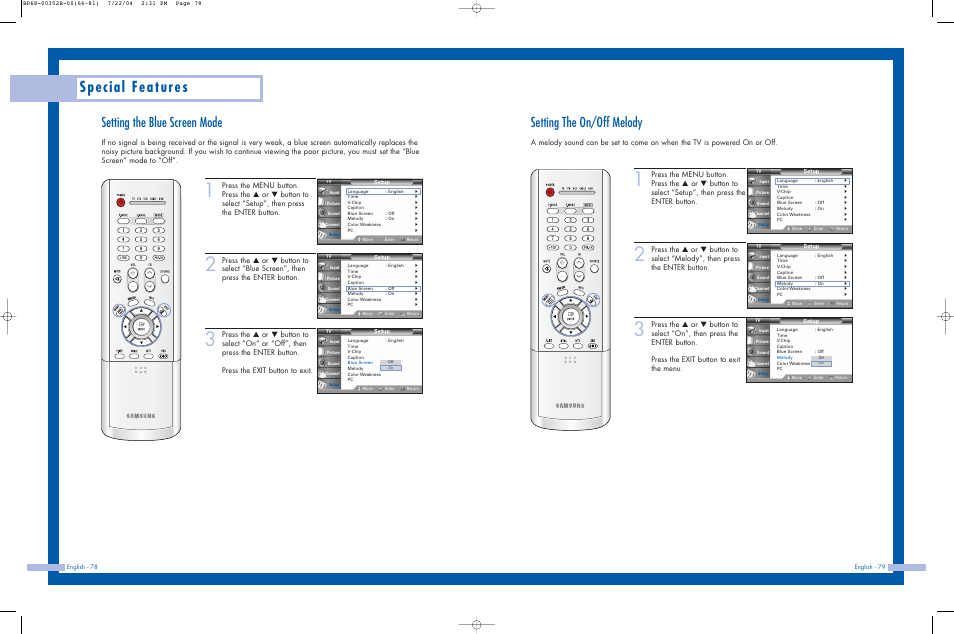 Setting the blue screen mode, Setting the on/off melody, Special features | Samsung HLP5685WX-XAC User Manual | Page 40 / 48
