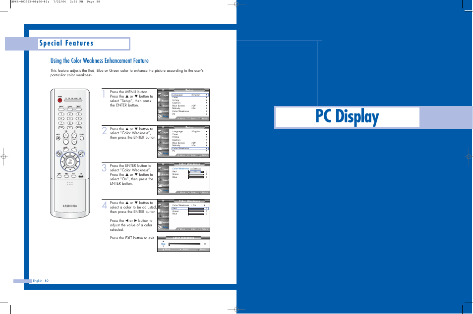 Using the color weakness enhancement feature, Pc display, Special features | Samsung HLP5685WX-XAC User Manual | Page 41 / 48