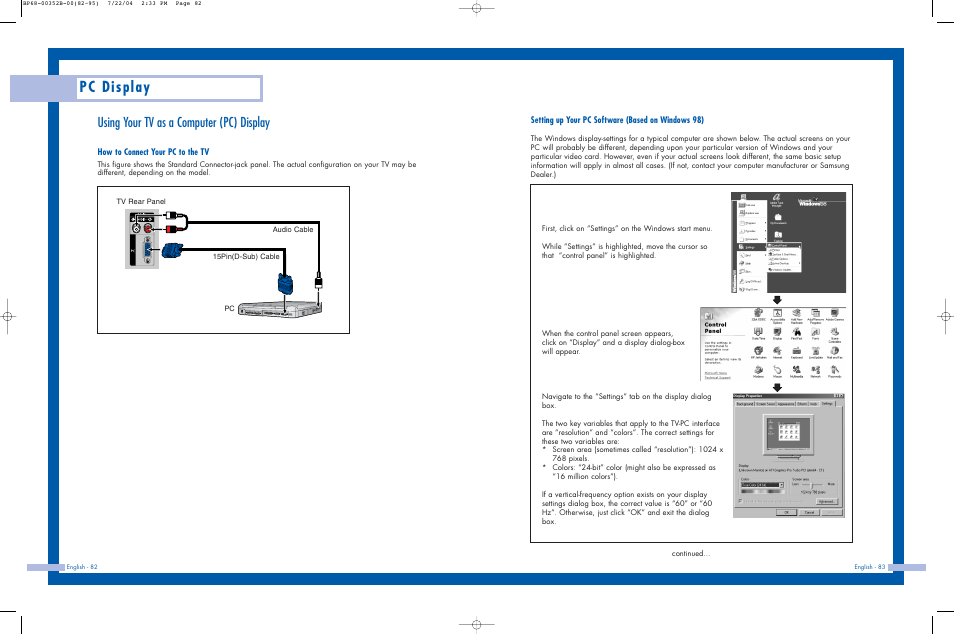 Using your tv as a computer (pc) display, Pc display | Samsung HLP5685WX-XAC User Manual | Page 42 / 48