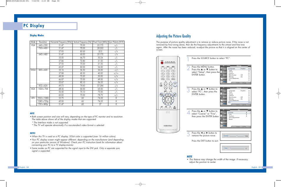 Adjusting the picture quality, Pc display, Display modes | Samsung HLP5685WX-XAC User Manual | Page 43 / 48