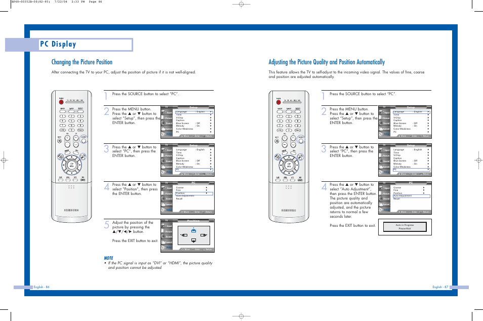 Changing the picture position, Pc display, Press the source button to select “pc | Samsung HLP5685WX-XAC User Manual | Page 44 / 48