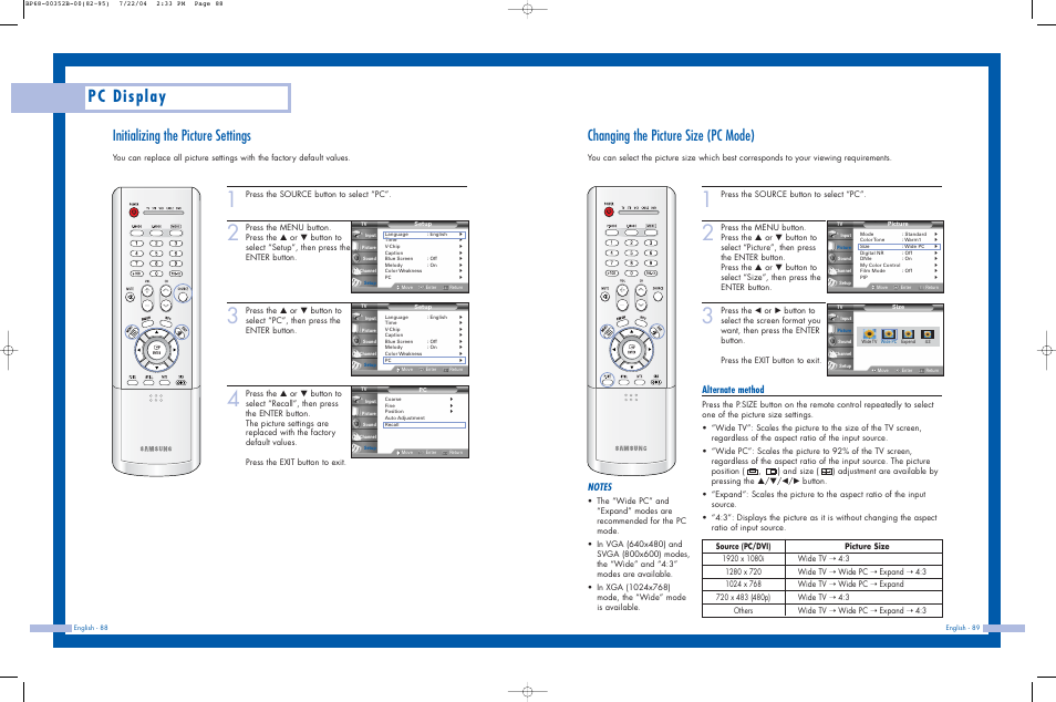 Initializing the picture settings, Changing the picture size (pc mode), Pc display | Alternate method | Samsung HLP5685WX-XAC User Manual | Page 45 / 48