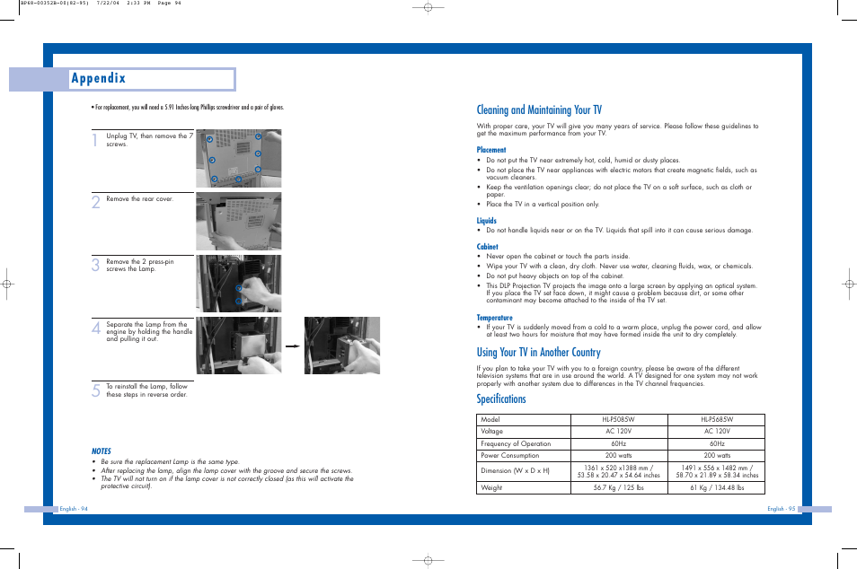 Cleaning and maintaining your tv, Appendix, Using your tv in another country | Specifications | Samsung HLP5685WX-XAC User Manual | Page 48 / 48