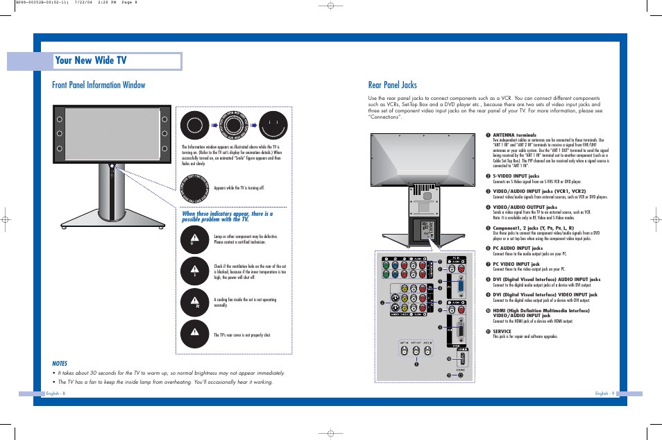 Front panel information window, Rear panel jacks, Your new wide tv | Front panel information window rear panel jacks | Samsung HLP5685WX-XAC User Manual | Page 5 / 48