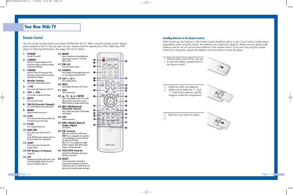 Remote control, Installing batteries in the remote control, Your new wide tv | Samsung HLP5685WX-XAC User Manual | Page 6 / 48