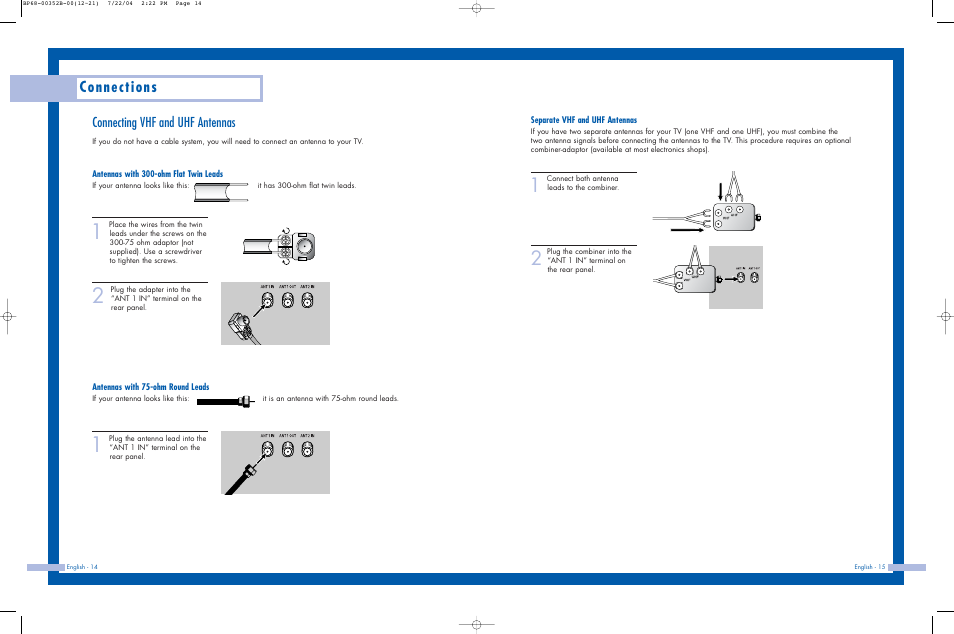 Connecting vhf and uhf antennas, Connections | Samsung HLP5685WX-XAC User Manual | Page 8 / 48