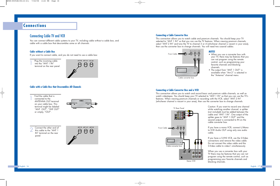 Connecting cable tv and vcr, Connections | Samsung HLP5685WX-XAC User Manual | Page 9 / 48